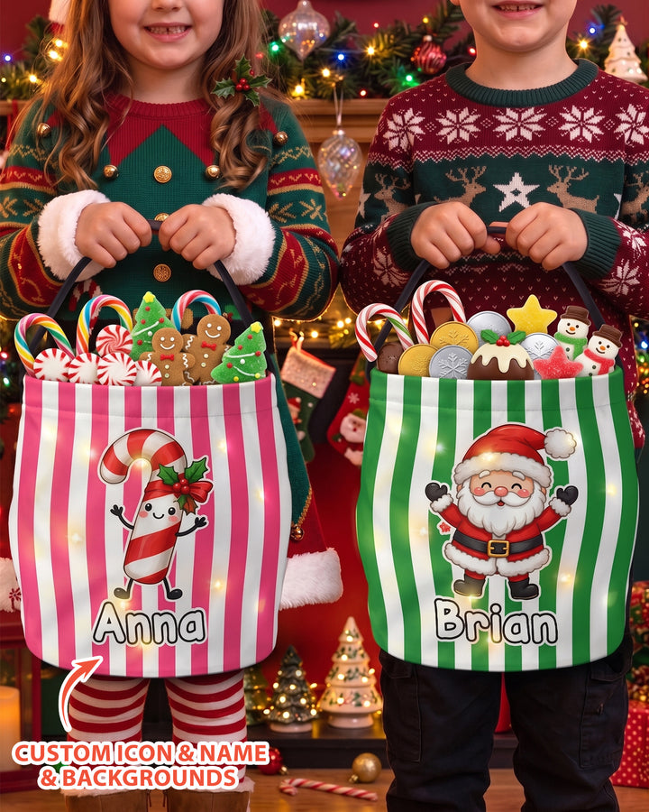 Persnalized Christmas Striped Festive Holiday Characters Led Light Bucket Bag