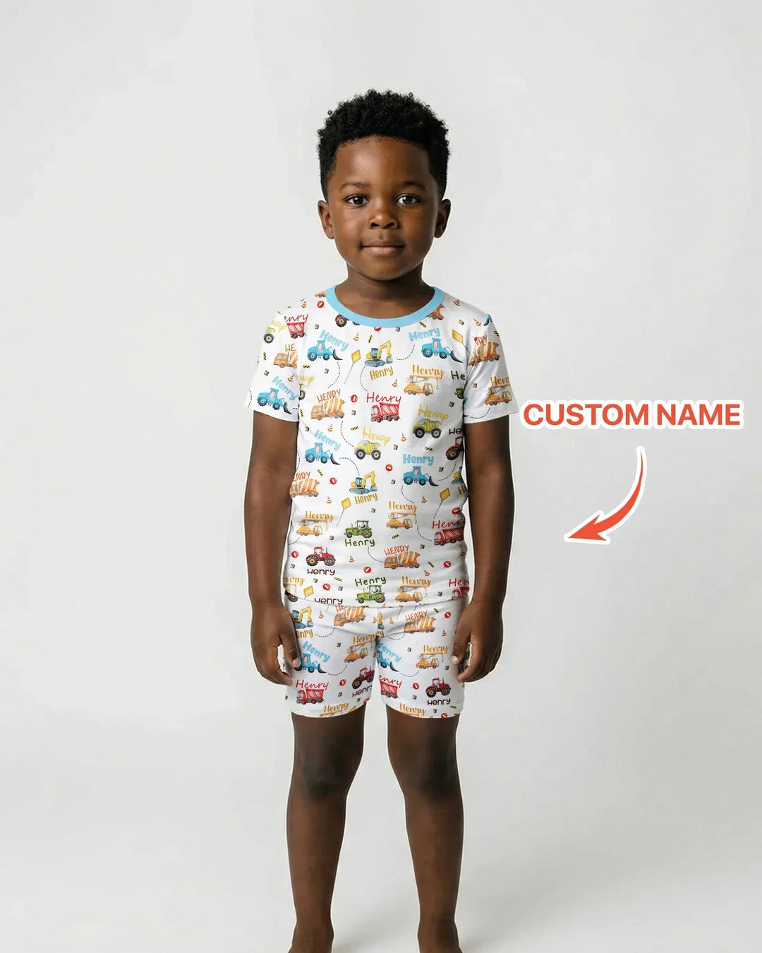 Construction Vehicles Custom Name Bamboo Two Piece Short Sleeve Shorts Pajama Set