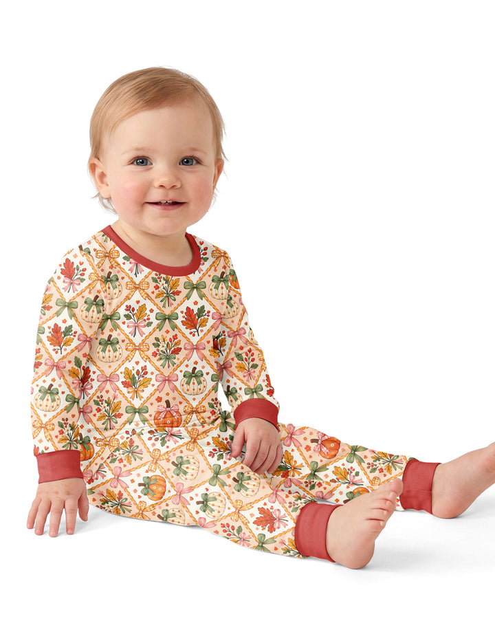 Retro Fall Pumpkin Bow Bamboo Two Piece Long Sleeve Pajama Set