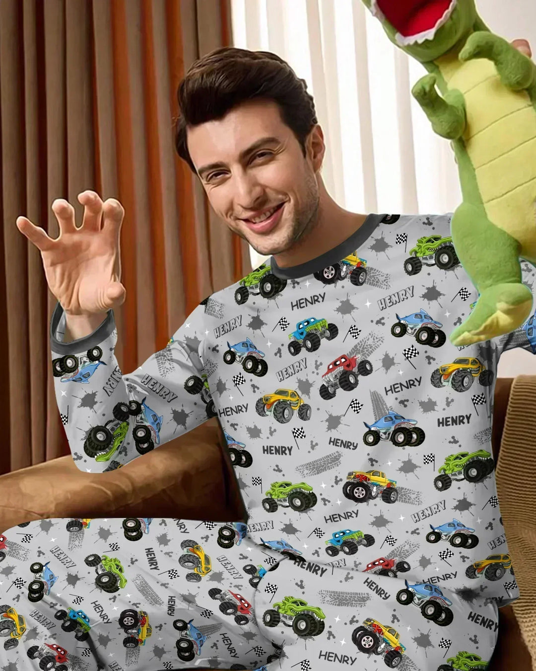 Monster Truck Dirt Jam Custom Name Daddy & Me Matching Bamboo Men's Pajama Set
