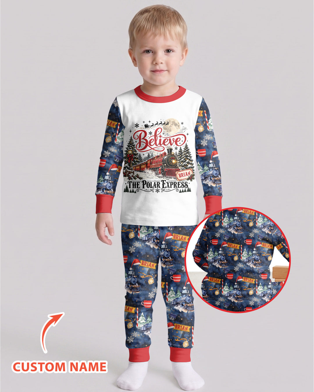 Believe North Pole Train Custom Name  Bamboo Two Piece Long Sleeve Pajama Set