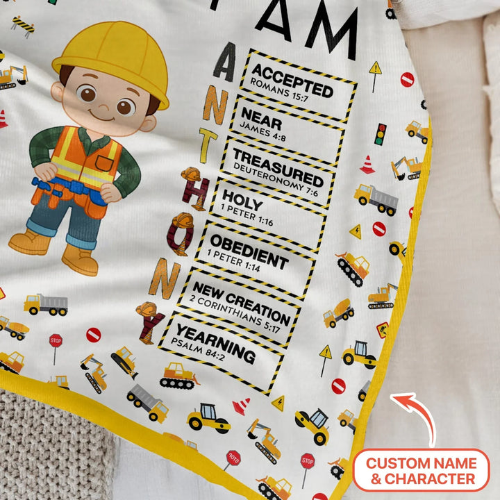 Custom Name God Says I Am Little Builder Letter in Bible Bamboo Blanket