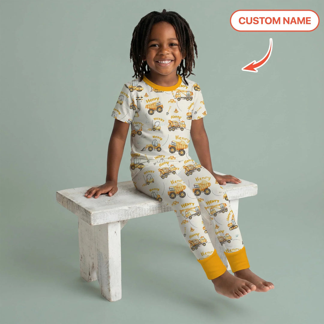 Constructions Machines Custom Name Bamboo Two Piece Short Sleeve Pajama Set