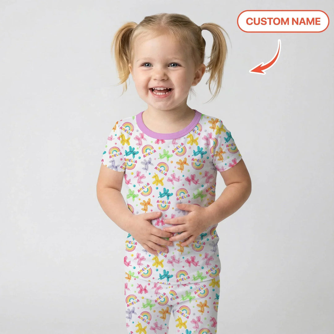 Sweet Balloon Dreams Custom Name Bamboo Two Piece Short Sleeve Pajama Set