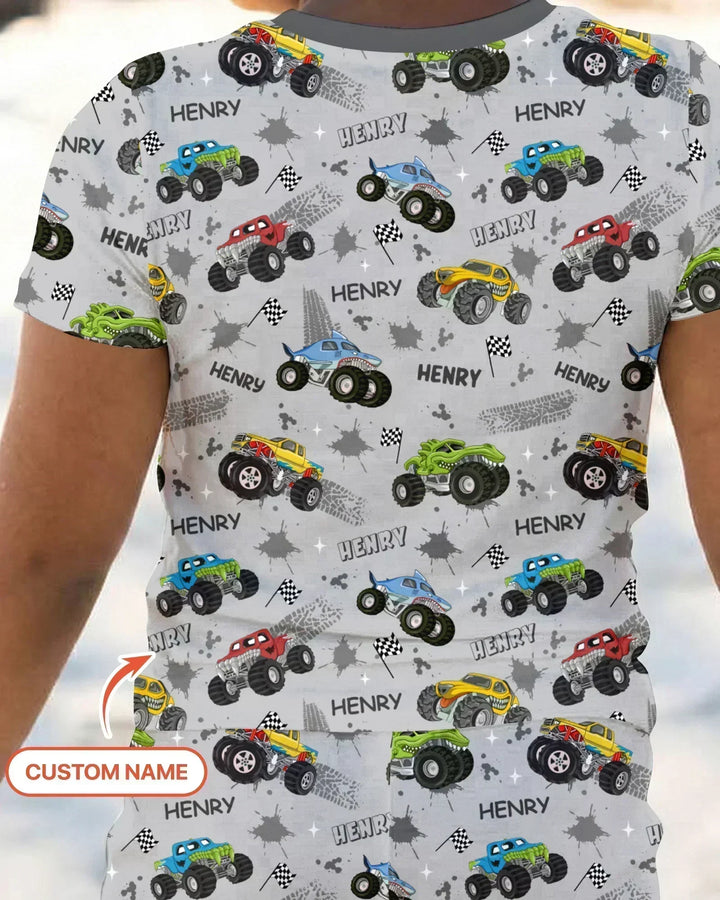 Monster Truck Dirt Jam Custom Name Daddy & Me Matching Bamboo Two Piece Short Sleeve Pajama Set