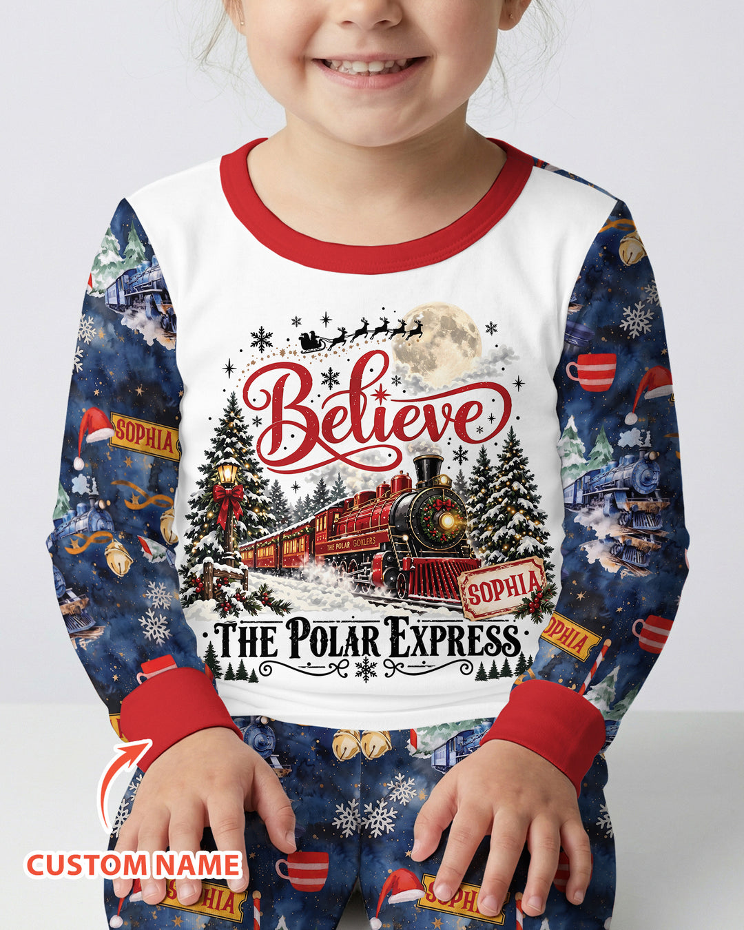 Believe North Pole Train Custom Name  Bamboo Two Piece Long Sleeve Pajama Set