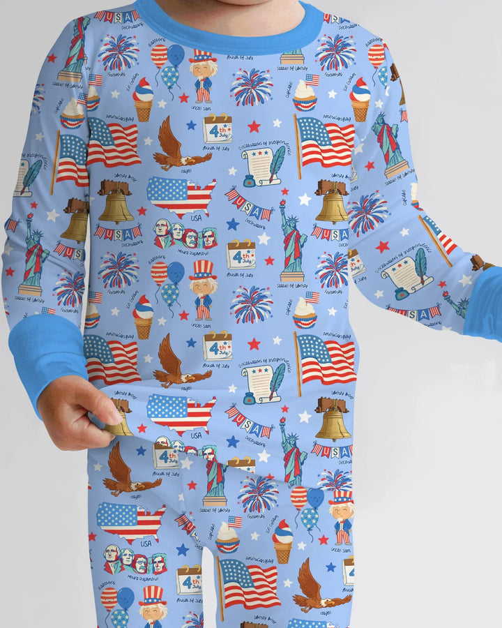 Hand Drawn Patriotic Iconic Bamboo Two Piece Long Sleeve Pajama Set