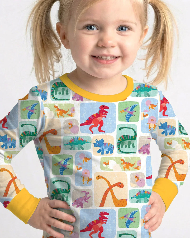 Rainbow Dino Friends Family Matching Bamboo Two Piece Long Sleeve Pajama Set