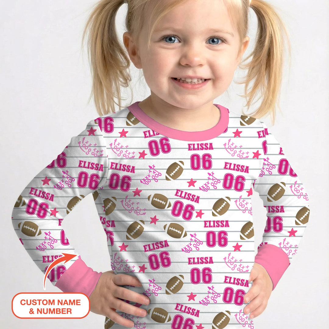 Custom Name Football Time Pink Bamboo Two Piece Long Sleeve Pajama Set