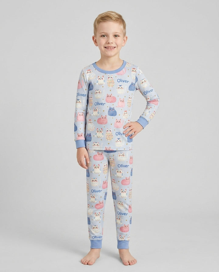 Custom Name Cute Pastel Cat Bamboo Two Piece Long Sleeve Pajama Set
