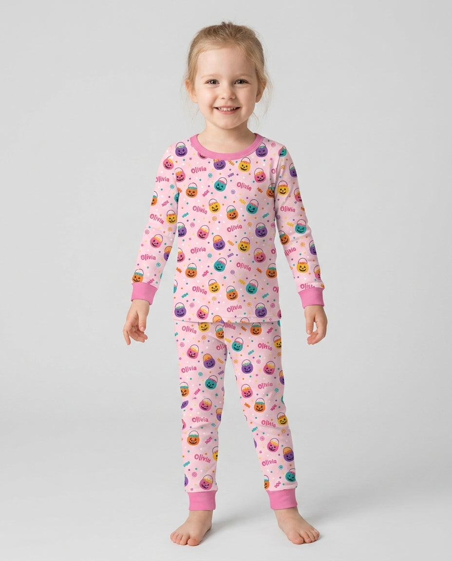 Custom Colorful Trick Or Treat Halloween Candy Bag Bamboo Two Piece Long Sleeve Pajama Set