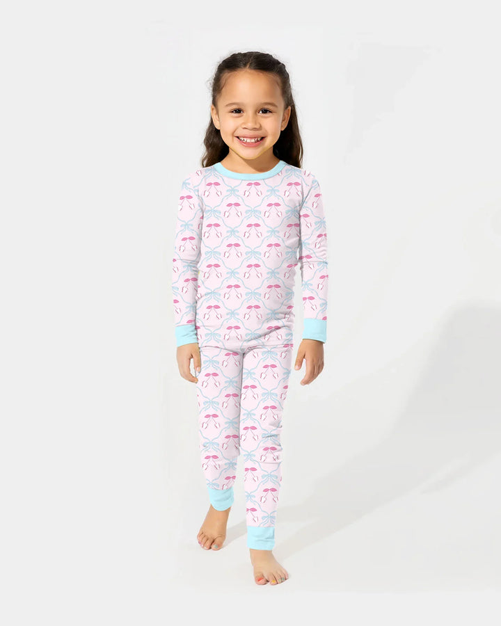 Cherry Baseball Softball Mom and Girl Matching Bamboo Two Piece Long Sleeve Pajama Set