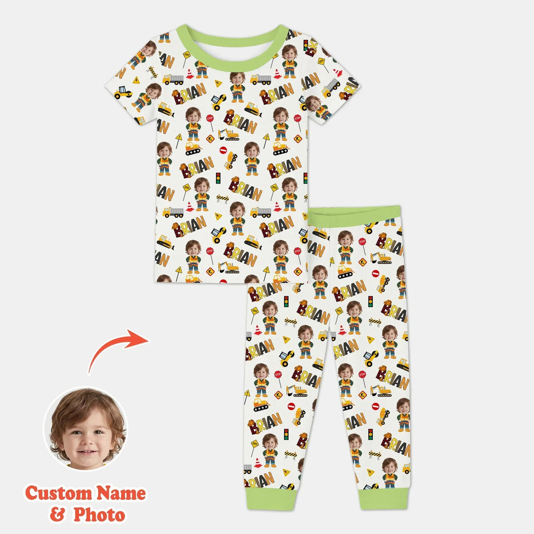 Custom Photo Doodle Little Builder Bamboo Two Piece Short Sleeve Pajama Set