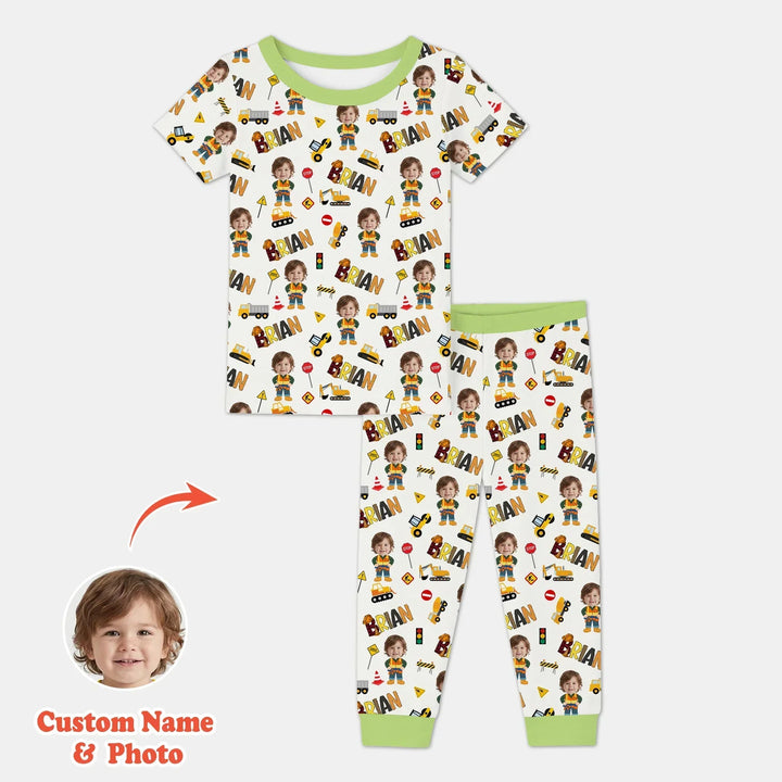 Custom Photo Doodle Little Builder Bamboo Two Piece Short Sleeve Pajama Set