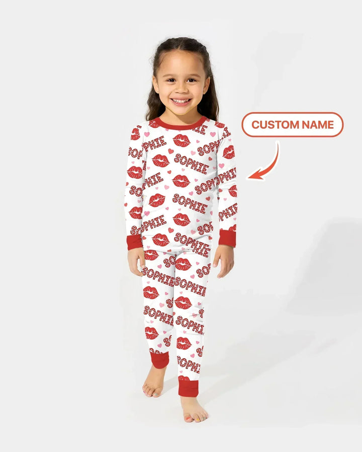 Custom Name Valentine Kiss Bamboo Two Piece Long Sleeve Pajama Set
