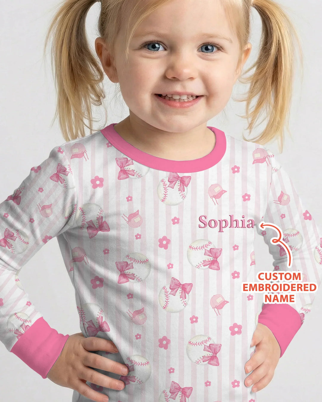 Custom Embroidered Name Baseball Girl Bamboo Two Piece Long Sleeve Pajama Set