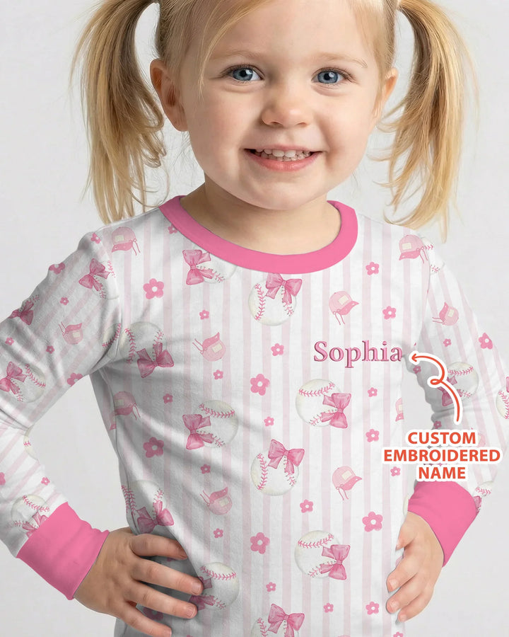 Custom Embroidered Name Baseball Girl Bamboo Two Piece Long Sleeve Pajama Set