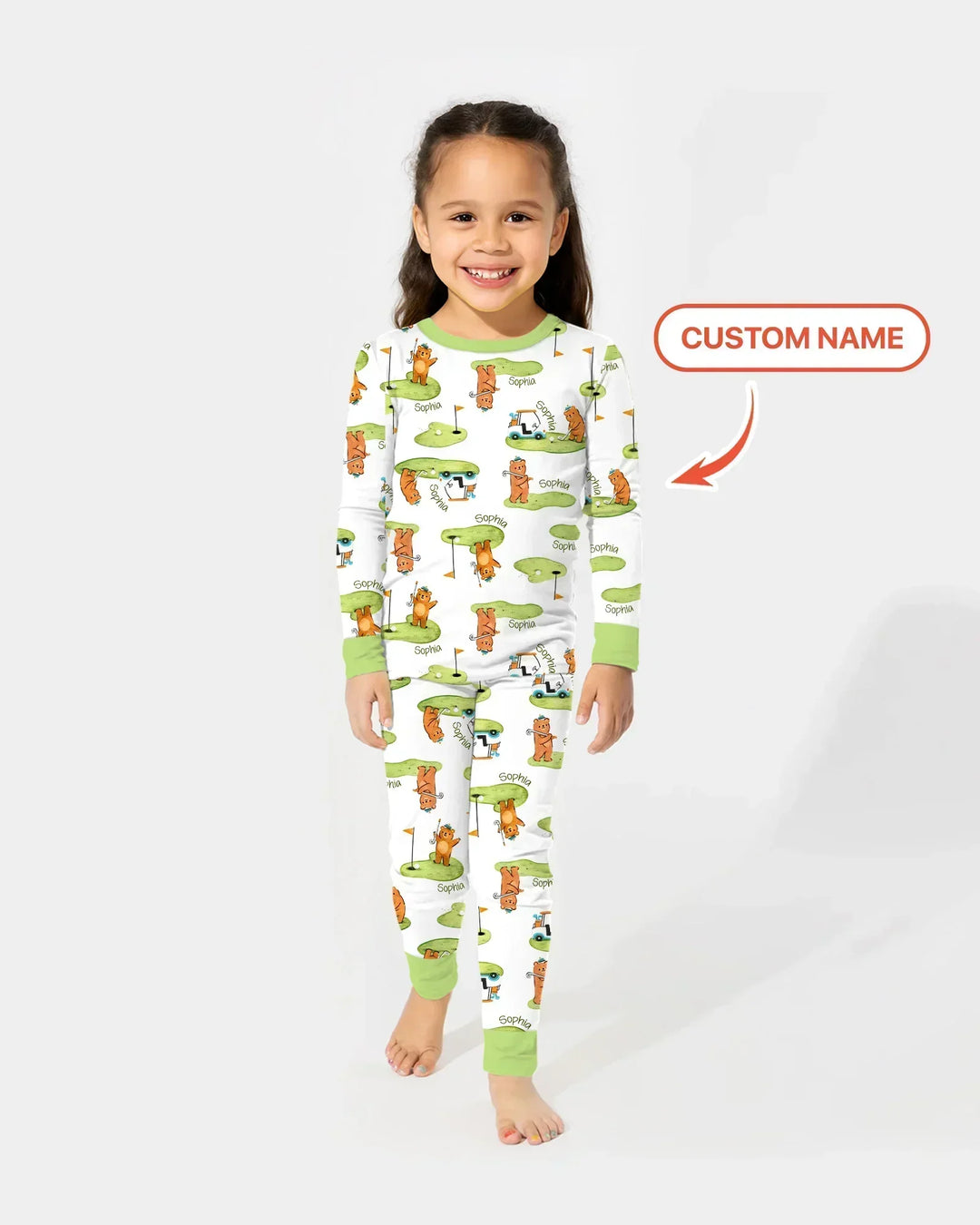 Custom Name Little Bear Golf Club Bamboo Two Piece Long Sleeve Pajama Set