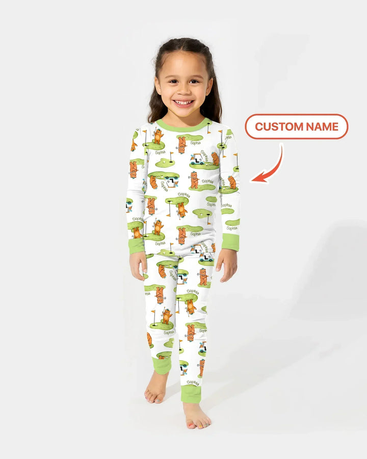 Custom Name Little Bear Golf Club Bamboo Two Piece Long Sleeve Pajama Set