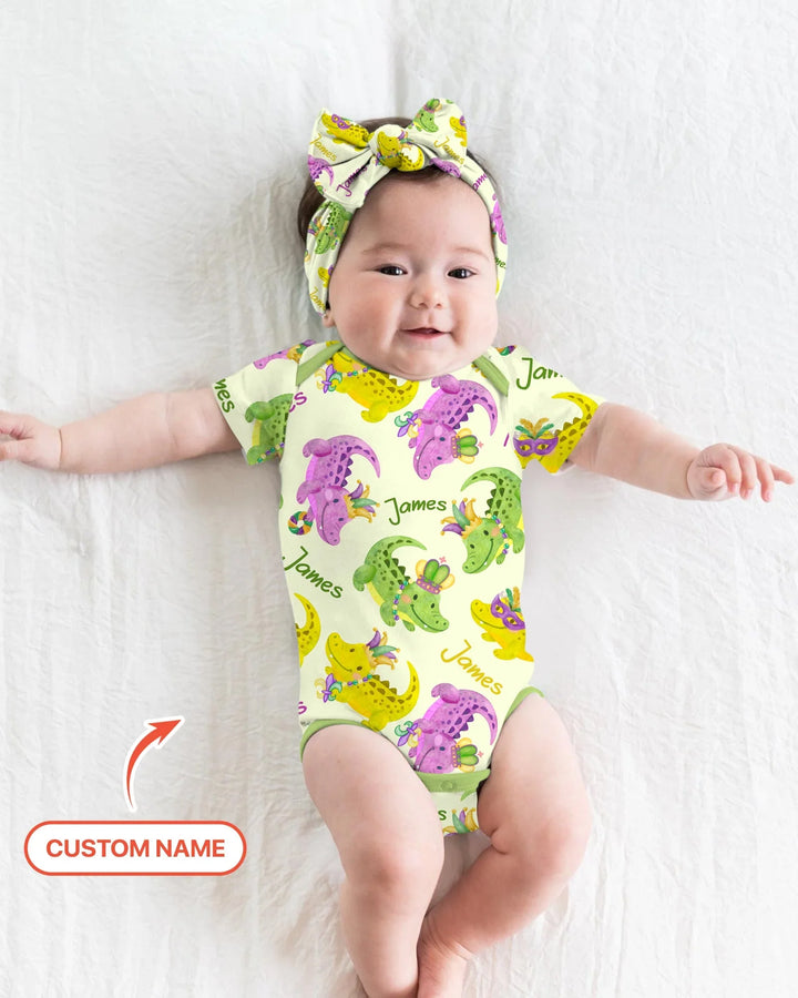 Custom Name Mardi Gras Alligator Bamboo Bodysuit