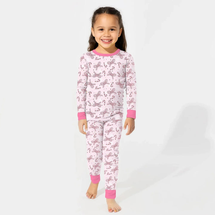 Pink Candy Bows Bamboo Two Piece Long Sleeve Pajama Set