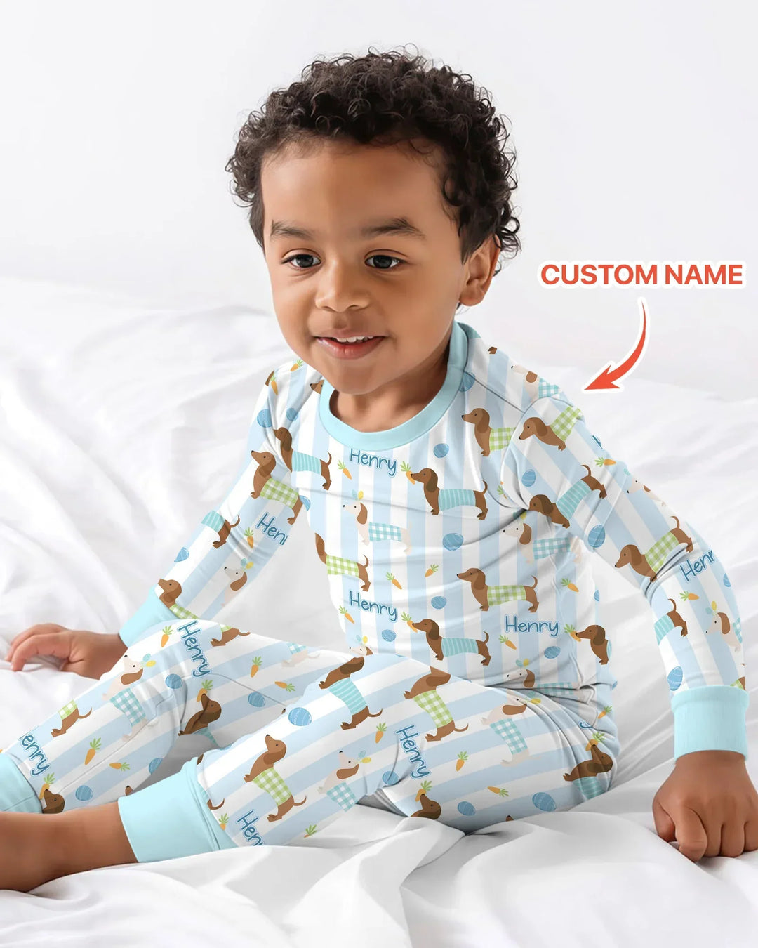 Custom Name Easter Dachshunds Family Matching Bamboo Two Piece Long Sleeve Pajama Set