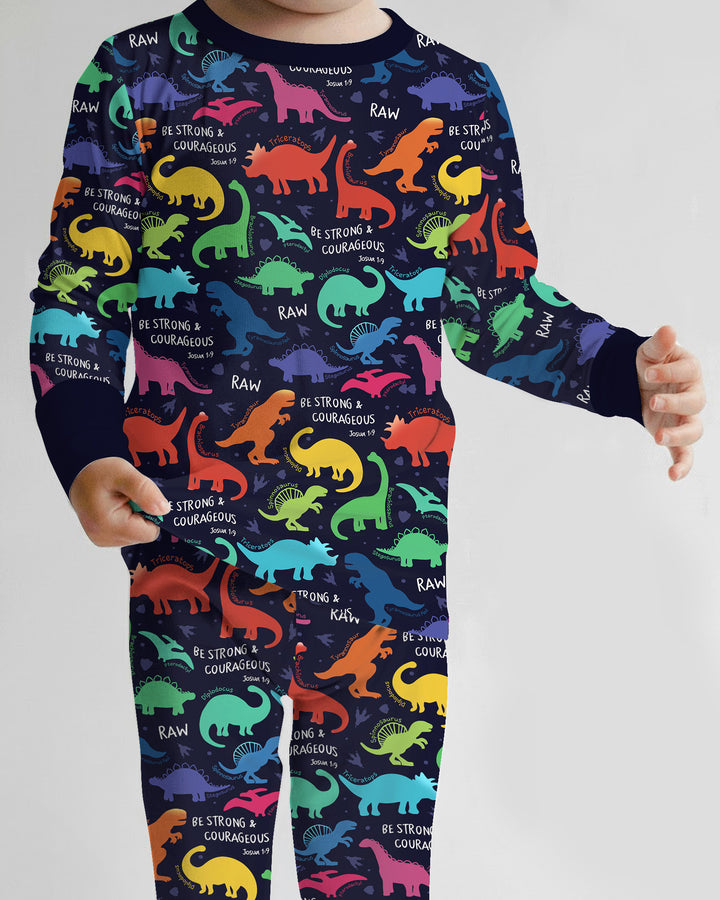 Be Strong and Courageous Dinosaur Christian Bamboo Two Piece Long Sleeve Pajama Set