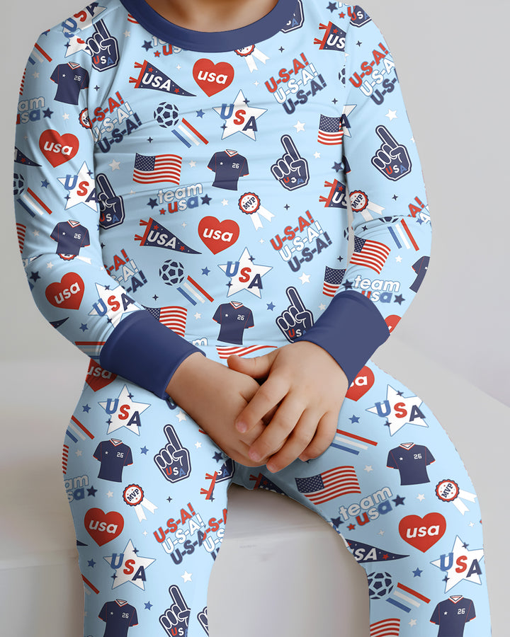 Soccer Party Team USA Bamboo Two Piece Long Sleeve Pajama Set