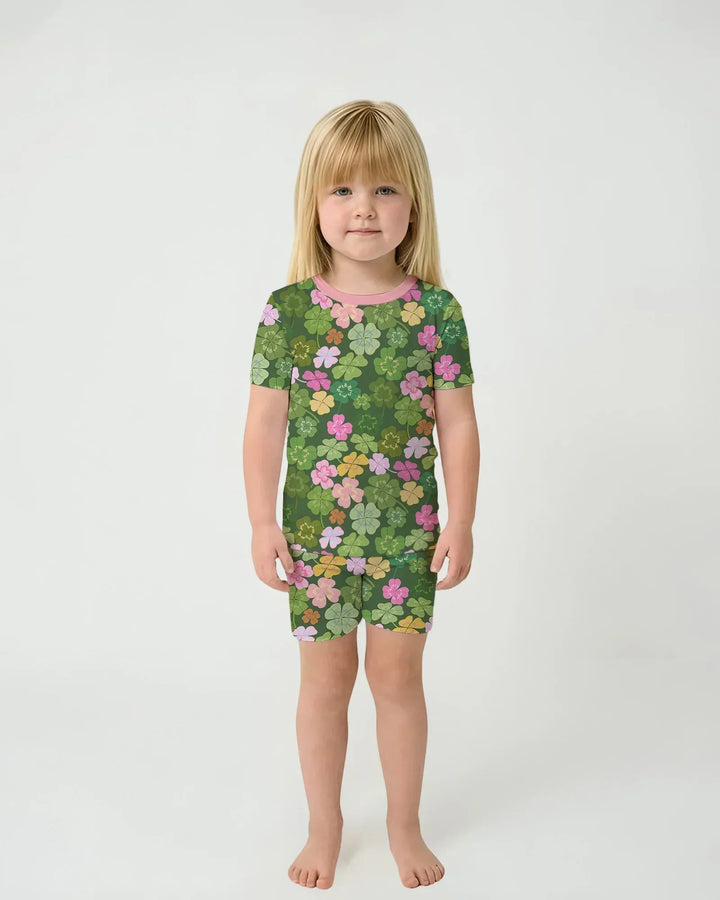 Lucky 4 Leaf Clover Bamboo Two Piece Short Sleeve Shorts Pajama Set