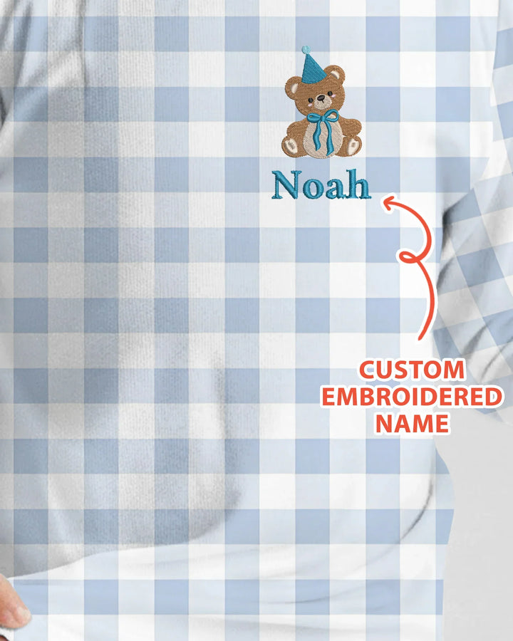 Custom Embroidered Name Birthday Teddy Bamboo Two Piece Long Sleeve Pajama Set