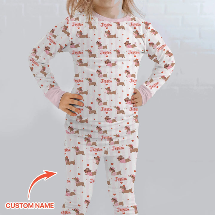 Custom Name Valentine Dachshund Family Matching Bamboo Two Piece Long Sleeve Pajama Set