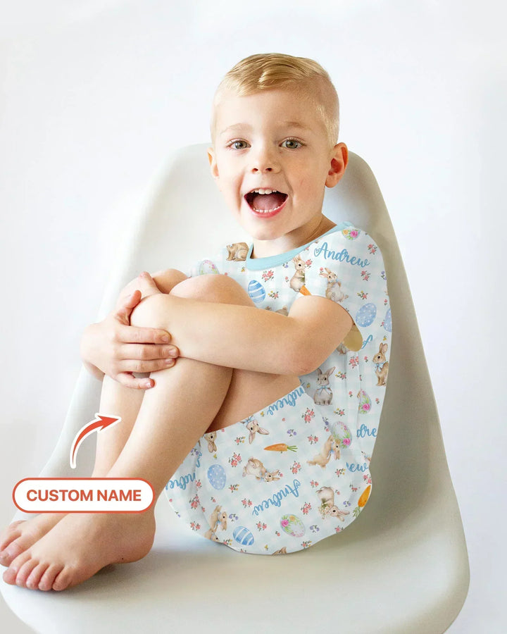 Custom Name Bunny Garden Bamboo Two Piece Short Sleeve Shorts Pajama Set