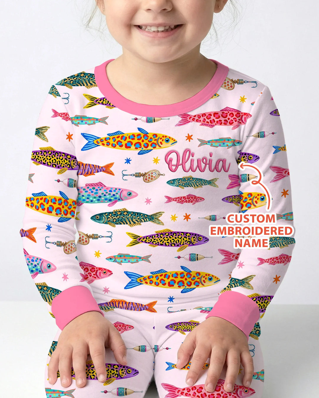 Custom Name Embroidered Colorful Fish Bamboo Two Piece Long Sleeve Pajama Set