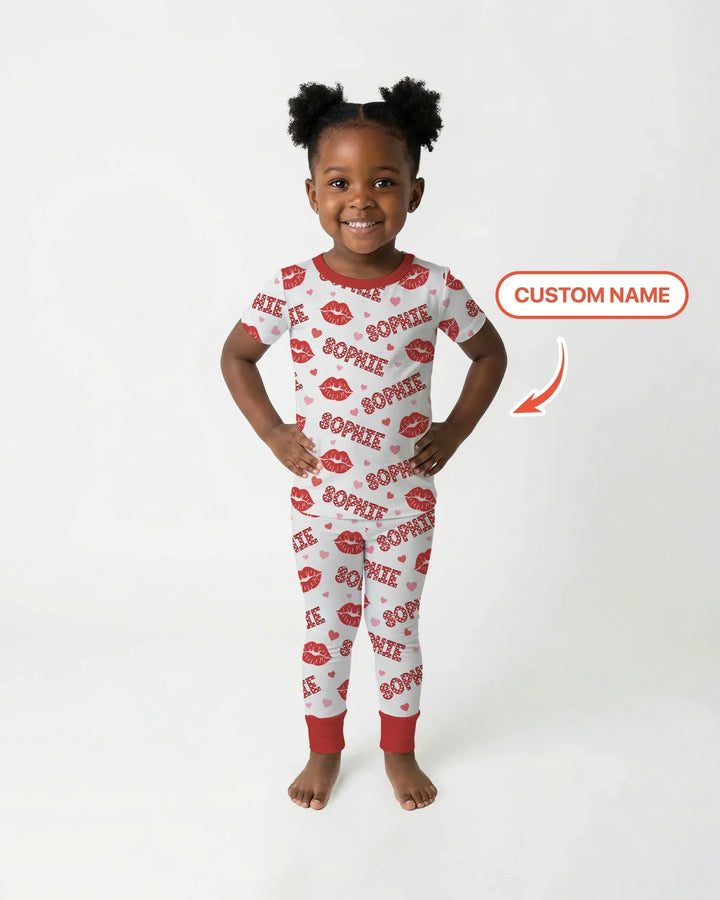 Custom Name Valentine Kiss Bamboo Two Piece Short Sleeve Pajama Set