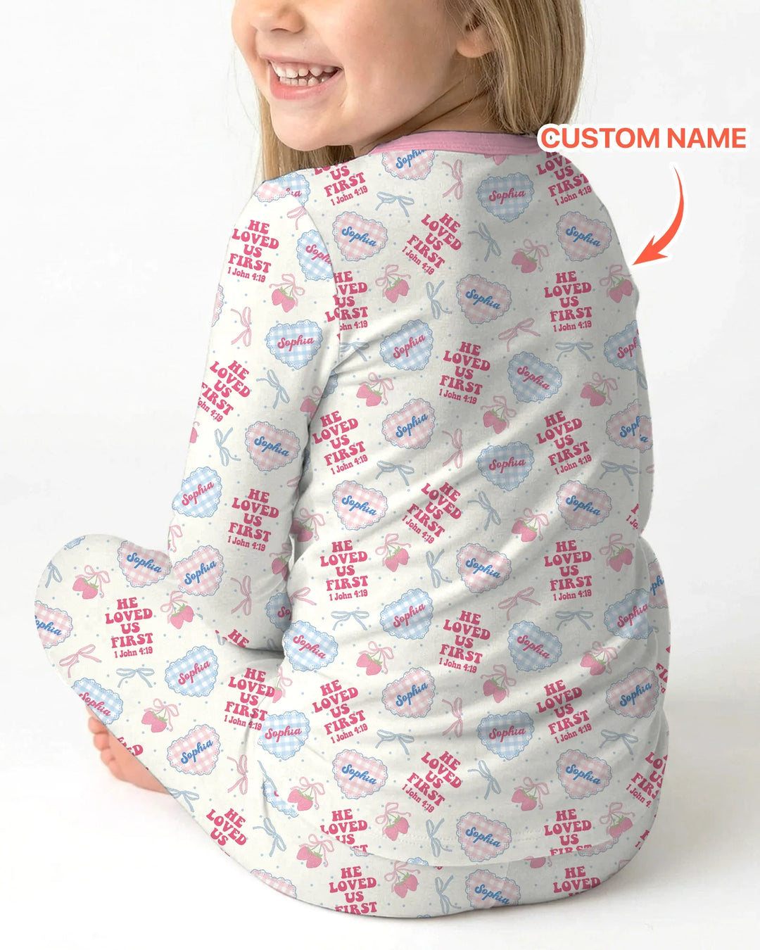 He Loved Us First Custom Name Bamboo Two Piece Long Sleeve Pajama Set