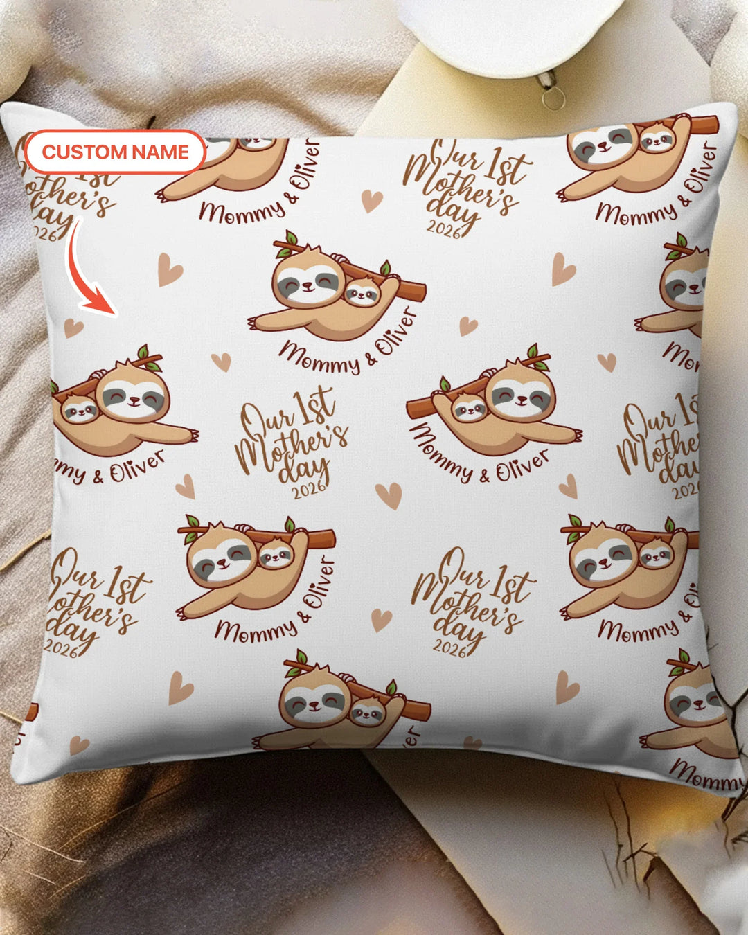 Custom Name Mama & Baby Sloth – Our First Mother’s Day 2026 Bamboo Pillow Case