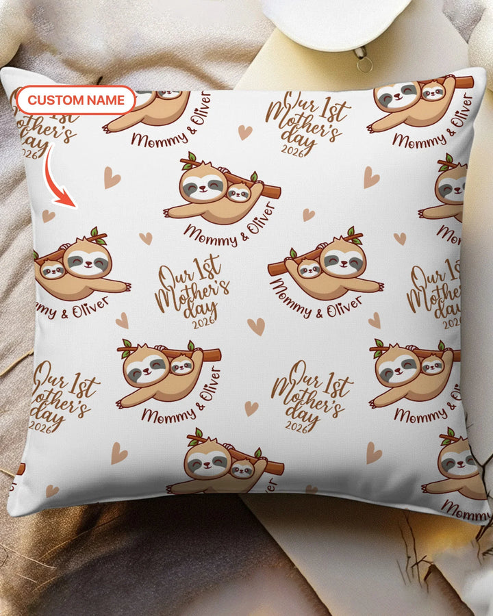 Custom Name Mama & Baby Sloth – Our First Mother’s Day 2026 Bamboo Pillow Case