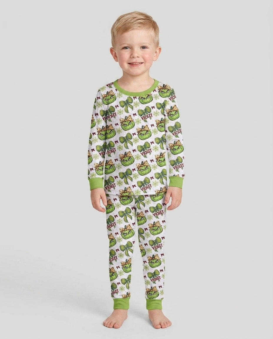 Custom Name Grumpy Green Christmas Bamboo Two Piece Long Sleeve Pajama Set