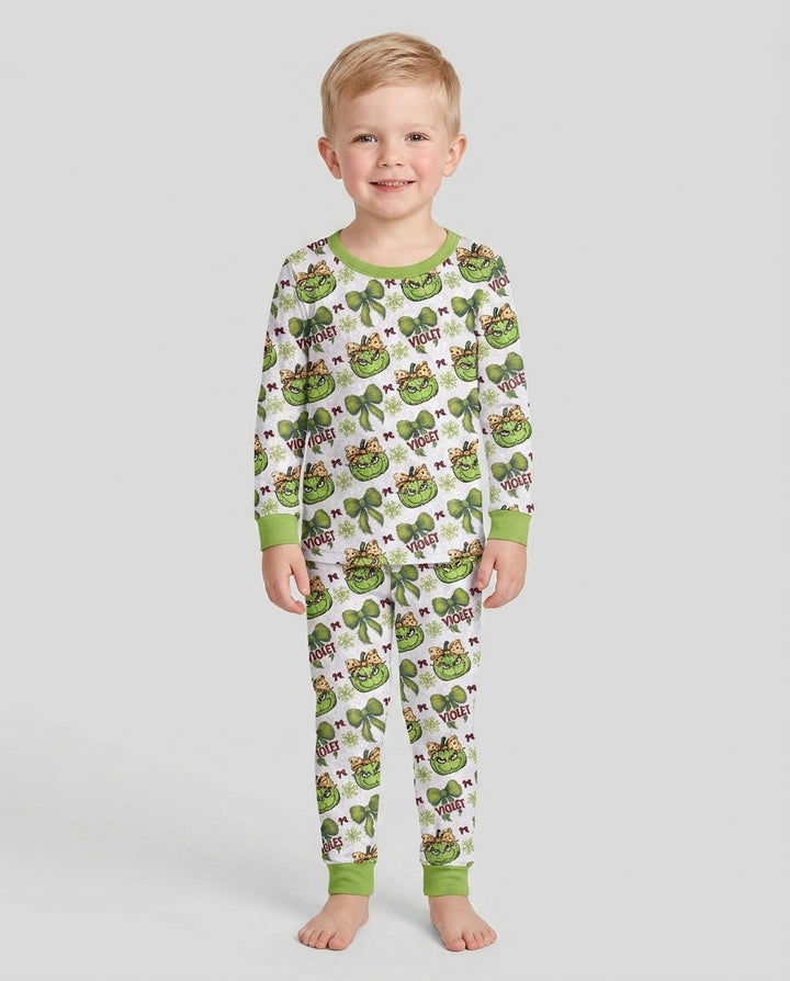 Custom Name Grumpy Green Christmas Bamboo Two Piece Long Sleeve Pajama Set