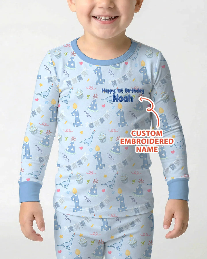 Personalized 1st Birthday Boy Embroidered Baby Bamboo Two Piece Long Sleeve Pajama Set