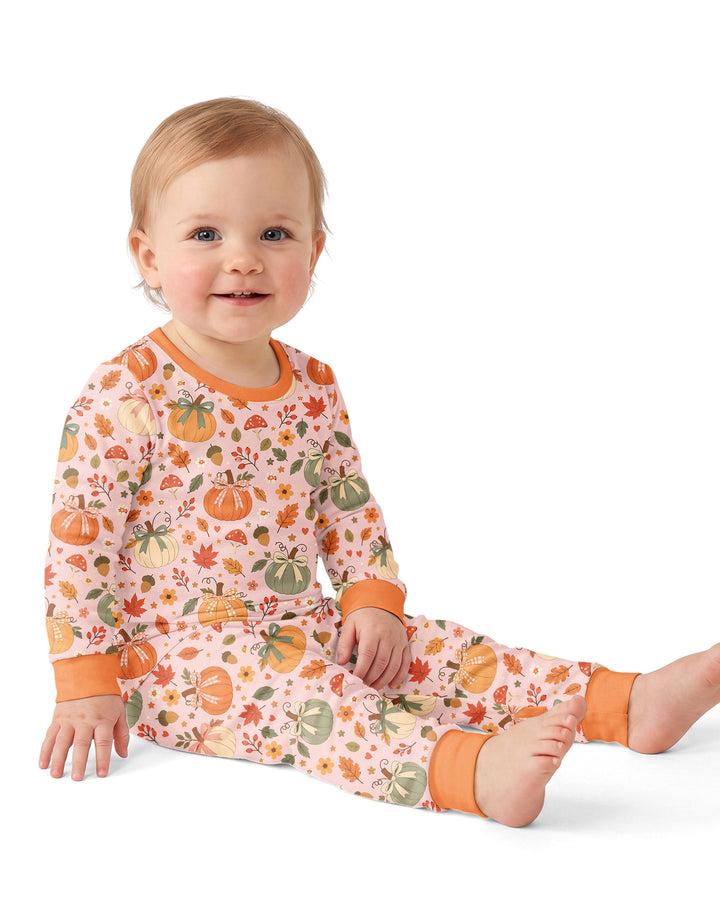 Pastel Pumpkin Bow Fall Bamboo Two Piece Long Sleeve Pajama Set