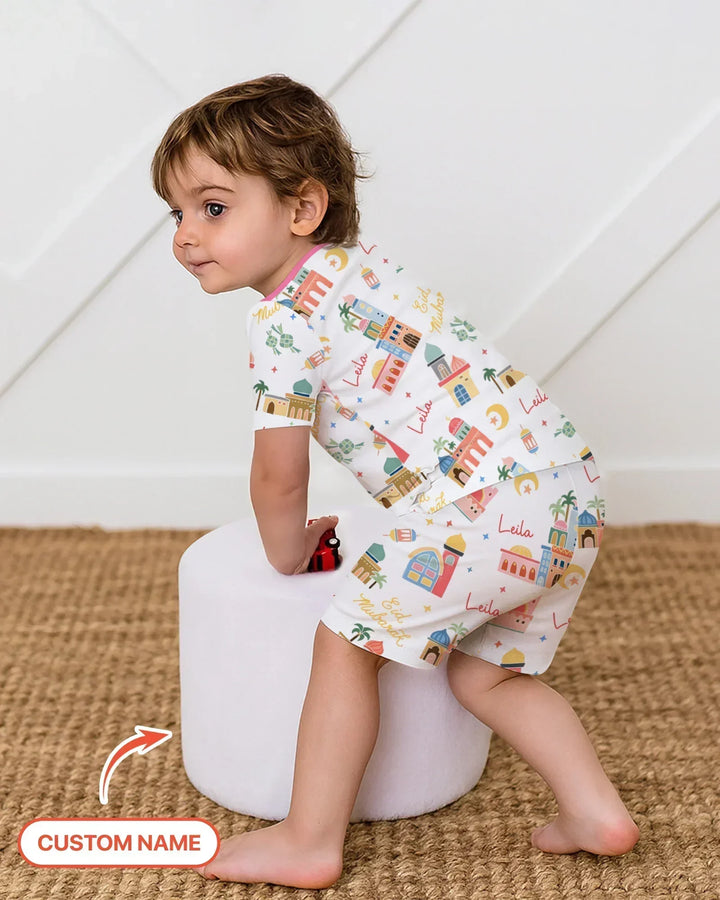 Eid Mubarak Custom Name Bamboo Two Piece Short Sleeve Shorts Pajama Set