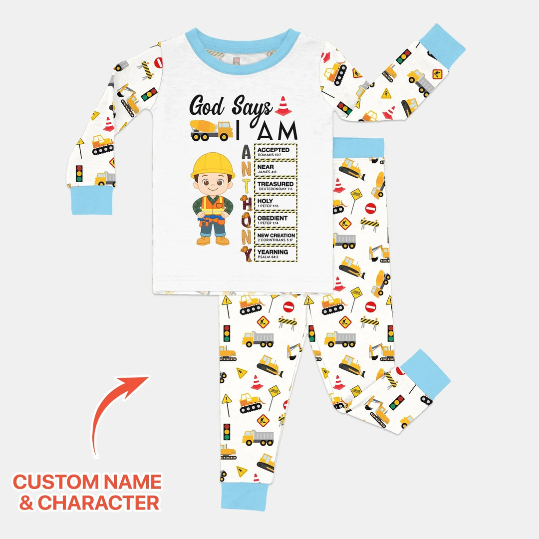 Custom Name God Says I Am Little Builder Letter in Bible Bamboo Two Piece Long Sleeve Pajama Set