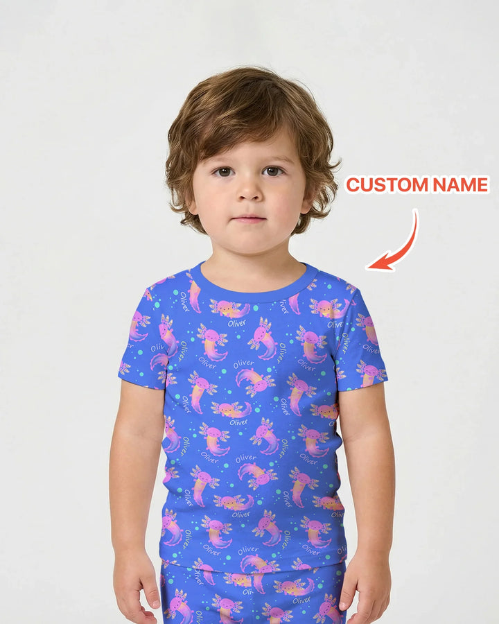 Axolotl Glow Custom Name Bamboo Two Piece Short Sleeve Shorts Pajama Set
