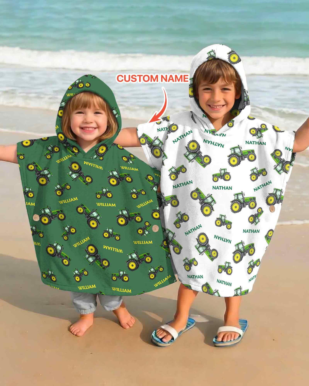 Custom Name Green Tractors Matching Daddy & Me Bamboo Swim Poncho