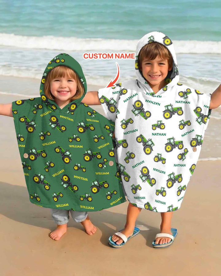 Custom Name Green Tractors Matching Daddy & Me Bamboo Swim Poncho