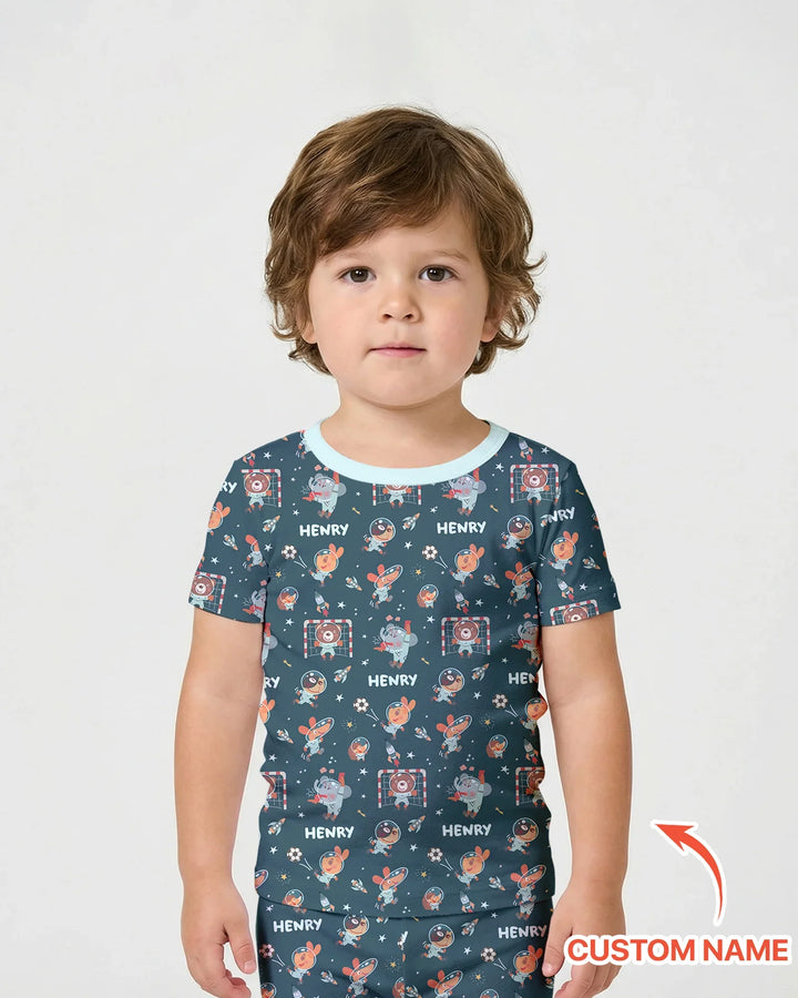 Space Soccer Bamboo Two Piece Short Sleeve Shorts Pajama Set
