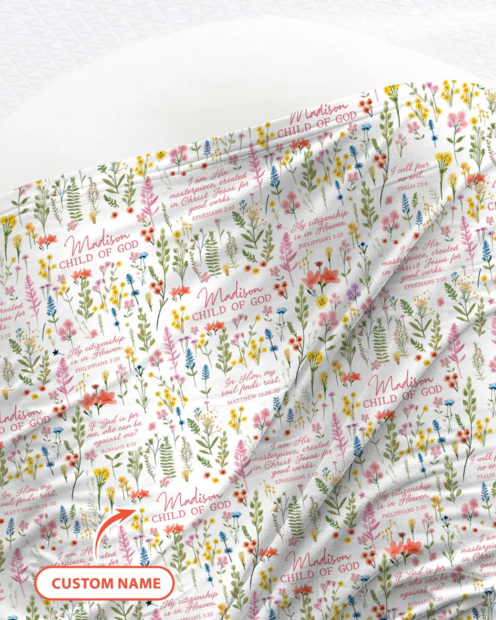 Custom Name Child of God Flower Garden swaddle blanket