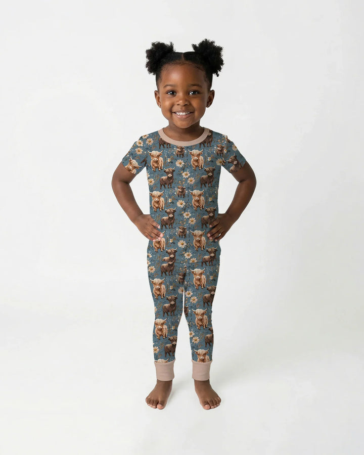 Majestic Highland Cows Family Matching Bamboo Two Piece Short Sleeve Pajama Set