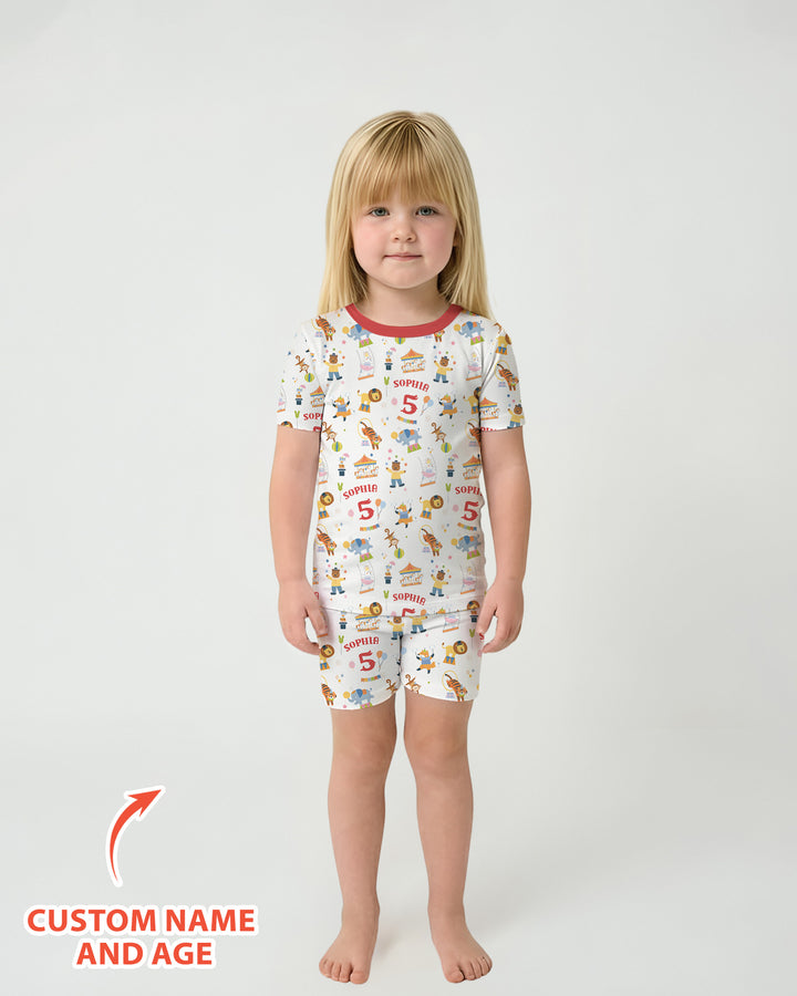 Custom Name Birthday Circus Bamboo Two Piece Short Sleeve Shorts Pajama Set
